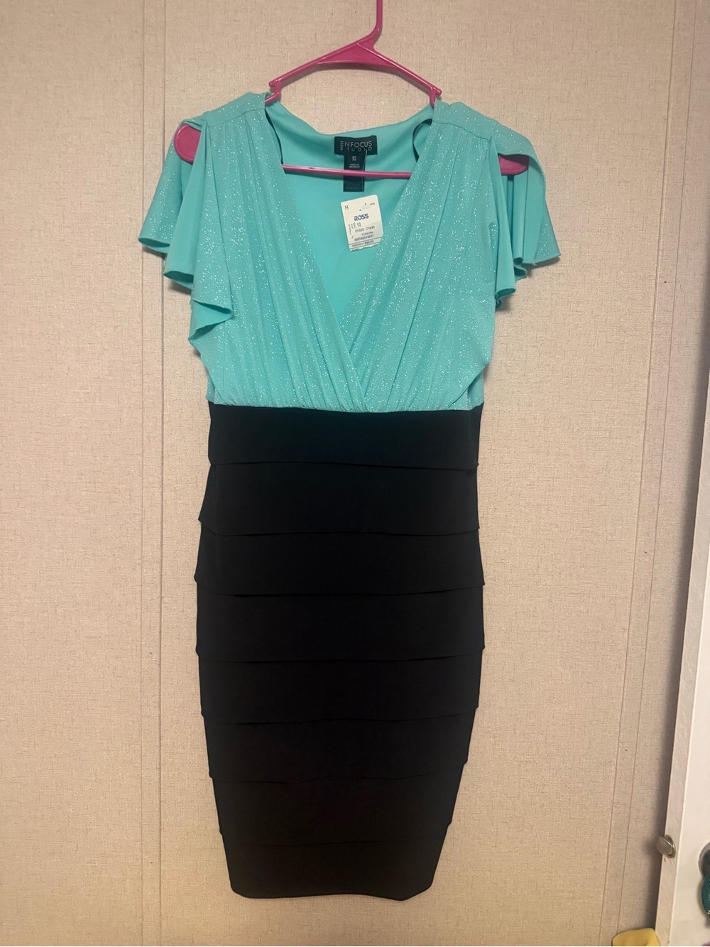 Enfocus Studio Teal & Black Glitter Flutter Sheath Midi Dress